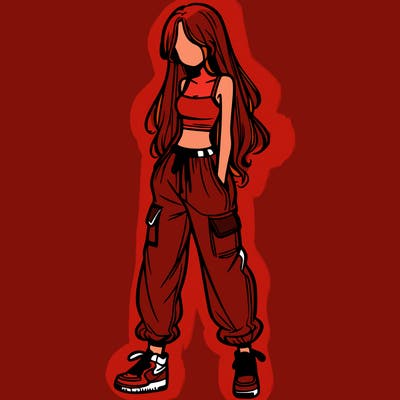 girl in baggy pants crop top and long hair