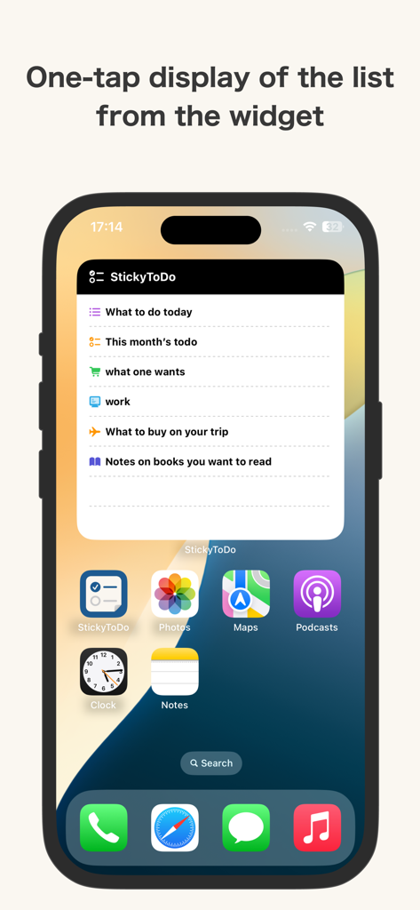 iPhoneのホーム画面にStickyToDoウィジェットが表示され、今日のToDoや仕事のタスクなどの複数のタスクリストが表示されています。