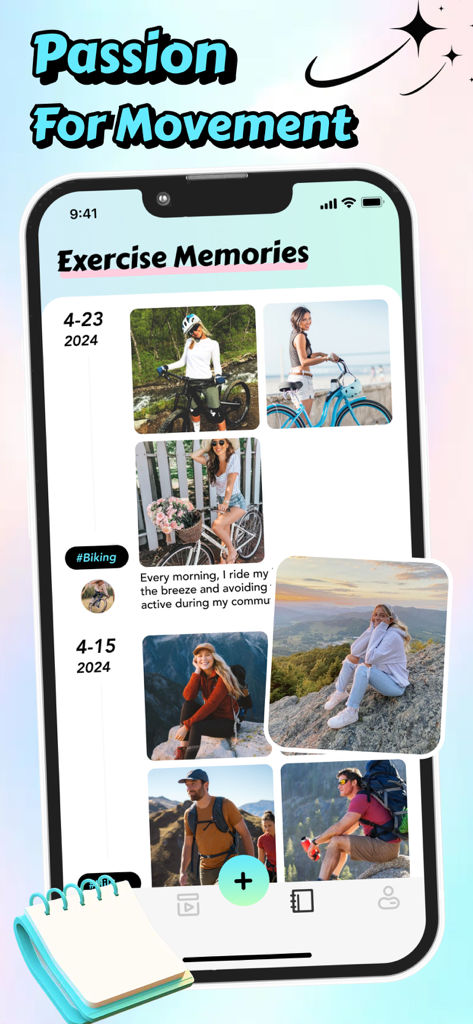 Dizzy: Chat, Meet, Share - Dizzy app interface showing a timeline of social activity photos and exercise memories including biking and hiking adventures.