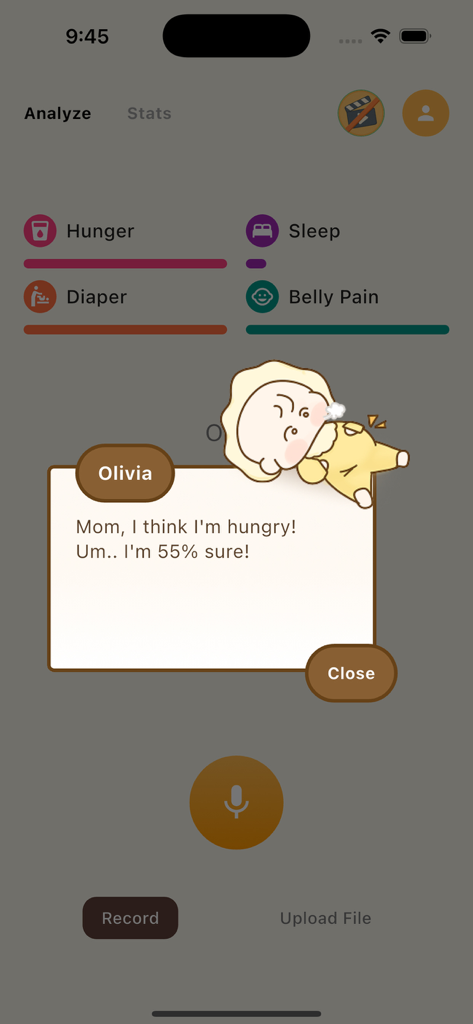 Waa Waa - Una captura de pantalla de la aplicación Waa Waa que muestra una traducción de IA de un llanto de bebé como hambre con una puntuación de probabilidad.