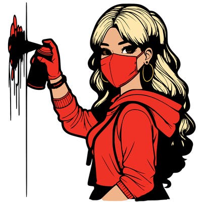 realistic girl with mask spray painting a wall