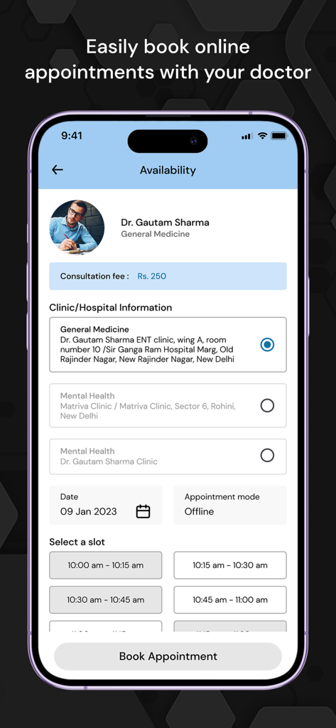 Screenshot der Raxa-App, der die Verfügbarkeit von Ärzten und die Terminbuchungsoberfläche zeigt.