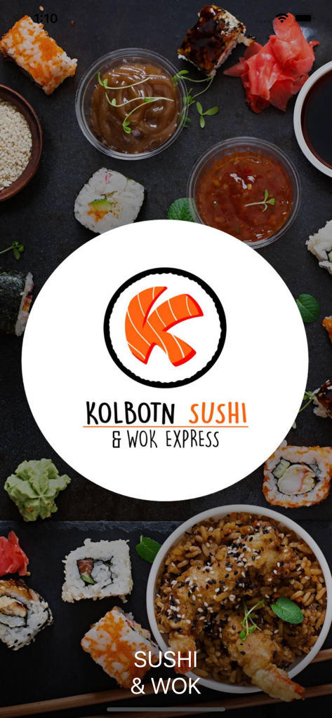 Kolbotn Sushi and Wok Express splash screen with logo and assorted sushi and wok dishes