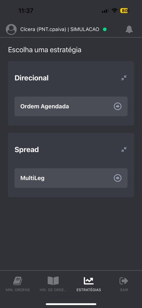 PNT Mobile - PNT Mobile app interface for selecting trading strategies like Directional and Spread orders