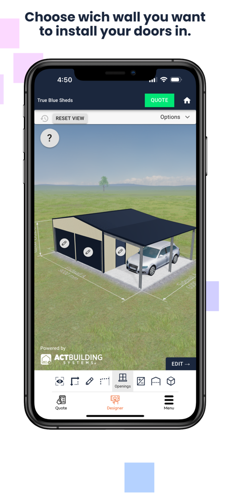 True Blue Sheds, Shed Designer - Eine 3D-mobile App-Oberfläche, die ein individuelles Garagen- und Carport-Design mit Optionen zum Hinzufügen von Türen zu bestimmten Wänden anzeigt.
