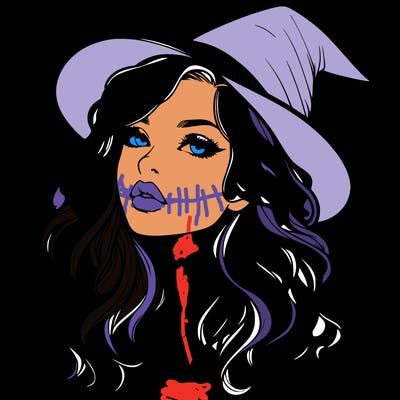 realistic witch girl with wavy hair and lips