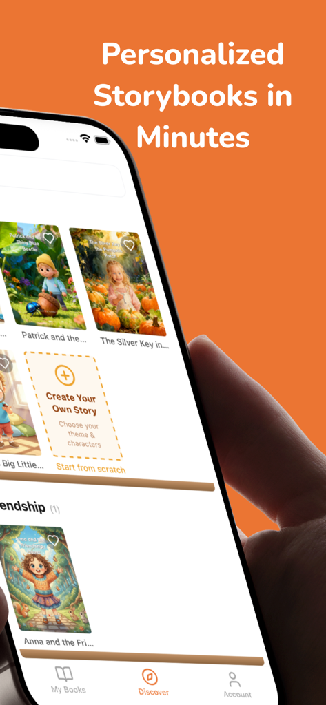 Kids Story Books - KidTeller - 나만의 이야기 만들기 옵션이 있는 맞춤 동화책을 보여주는 모바일 앱 인터페이스