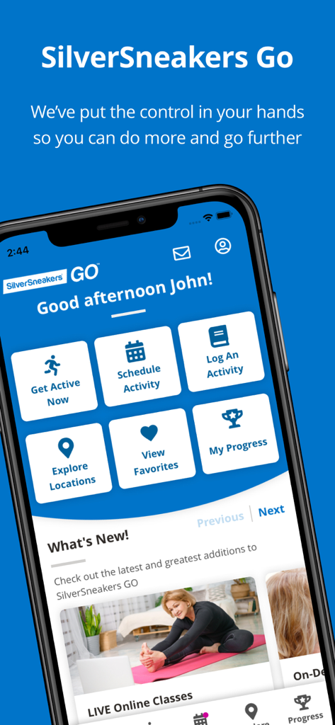 SilverSneakers GO fitness app dashboard for seniors showing workout options and online classes