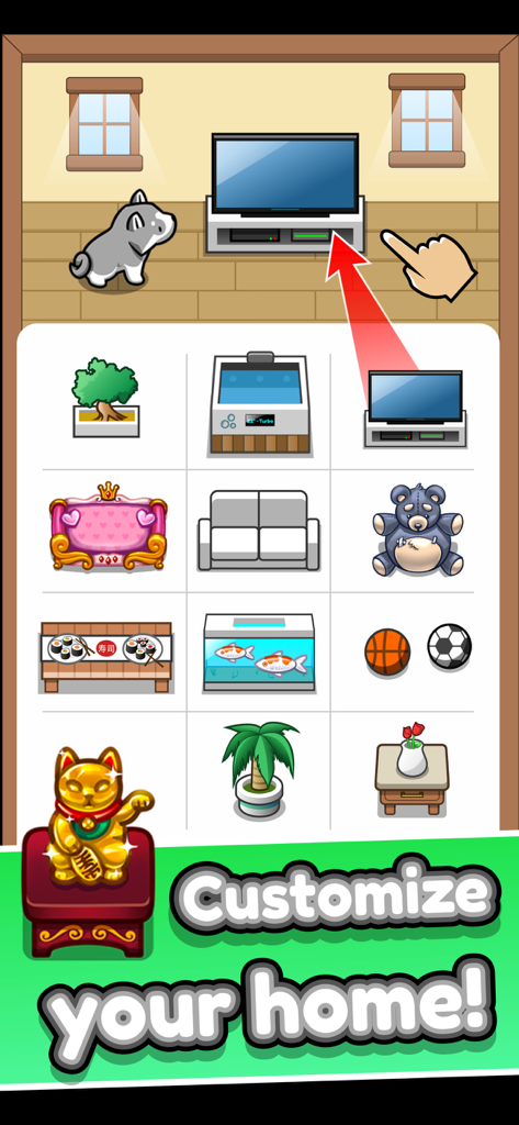 Pet Idle - Pet Idle gameplay screen showing home customization and furniture selection
