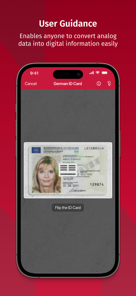 A mobile phone screen displaying the Scanbot SDK app scanning a German ID card with real-time user guidance.