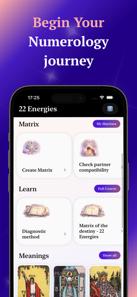 Main menu of the 22 Energies app showing destiny matrix tools and tarot card meanings