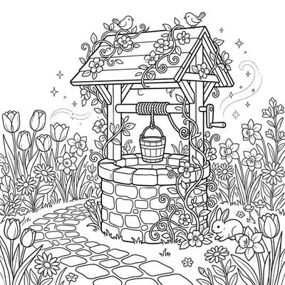 Step into a charming spring scene with this delightful wishing well coloring page, perfect for adults and teens seeking a peaceful creative escape. Discover intricate details like blooming flowers, playful birds, and a hidden bunny, all waiting for your artistic touch.