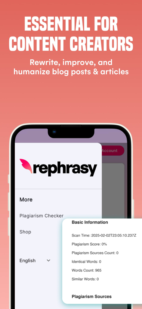 Bypass Al Detector & Humanizer - Un smartphone que muestra la interfaz de la aplicación Rephrasy con un informe de plagio y herramientas para creadores de contenido.