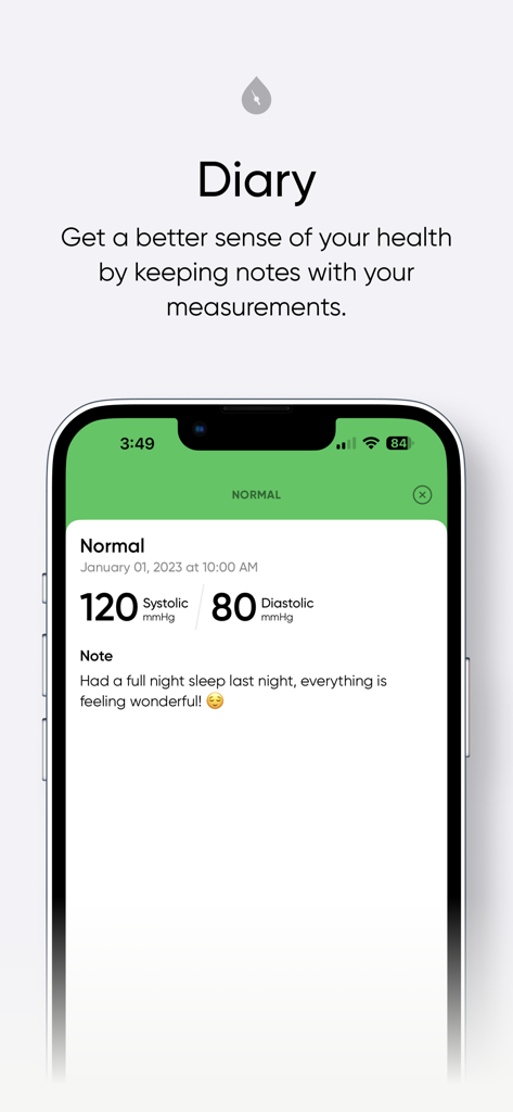 Screenshot of the diary feature in the Simple Blood Pressure Tracker app showing a reading with a personal note