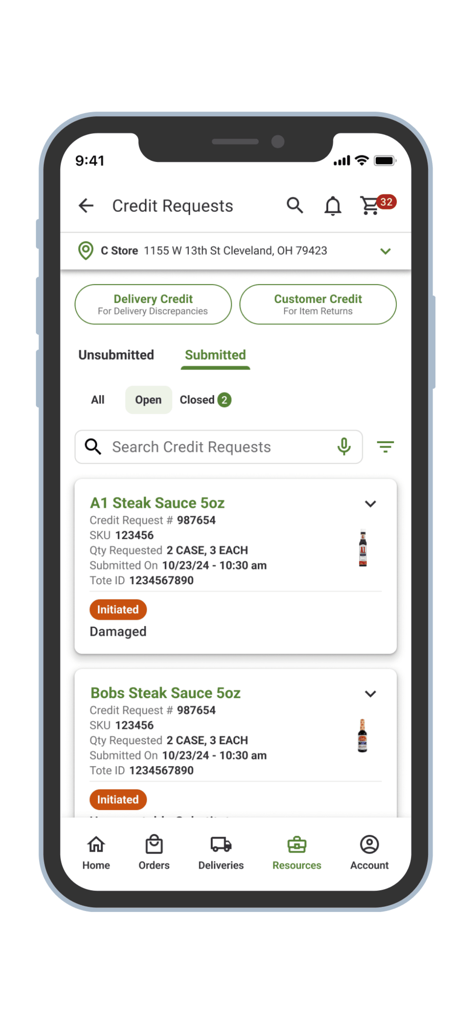 Écran des demandes de crédit de l'application Core-Mark CustomerFirst montrant les demandes de retour de stock soumises.