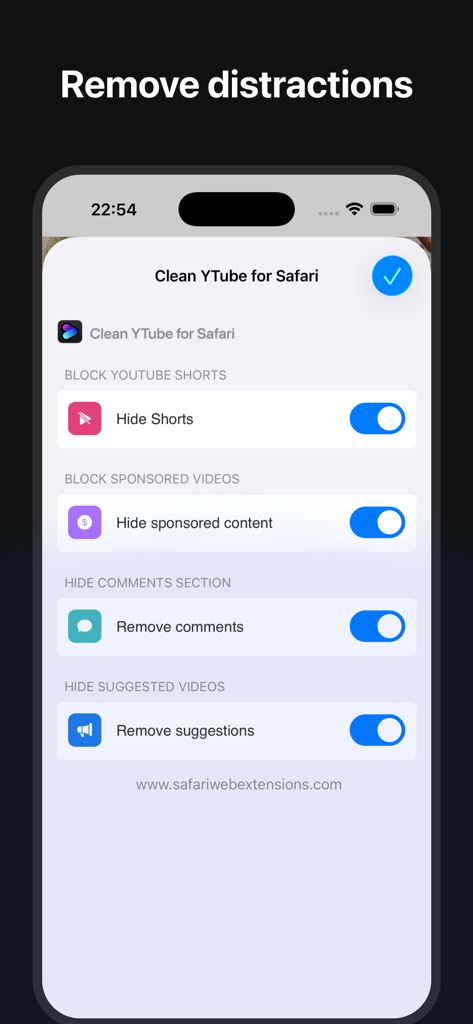 Clean YT for Safari - Interface of the Clean YT for Safari extension showing settings to hide shorts, sponsored content, and comments.
