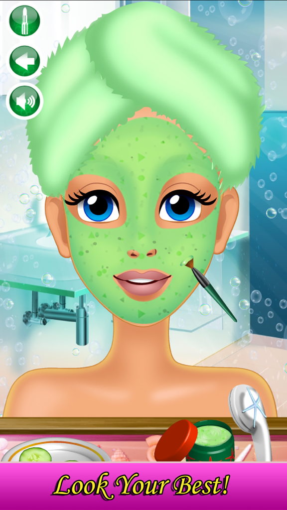 Mermaid Makeover & Salon Spa - Cartoon mermaid character wearing a green facial mask and head towel in a spa salon
