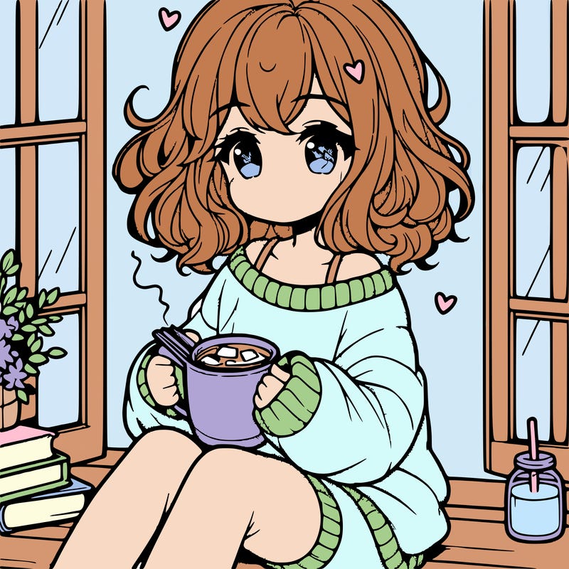 cute anime girl reading book and drinking hot chocolate from mug with loose wavy hair wearing a baggy sweatshirt and shorts sitting by windowsill looking out