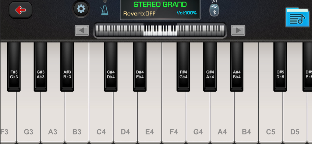 Real Piano – Learn & Play - Real Piano app interface showing a virtual 88-key keyboard with note labels and stereo grand sound settings