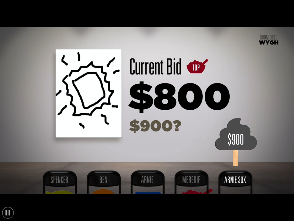 The Jackbox Party Pack 2 - Una subasta de arte digital en el juego Bidiots mostrando a un jugador dibujando y una oferta actual de 800 dólares.