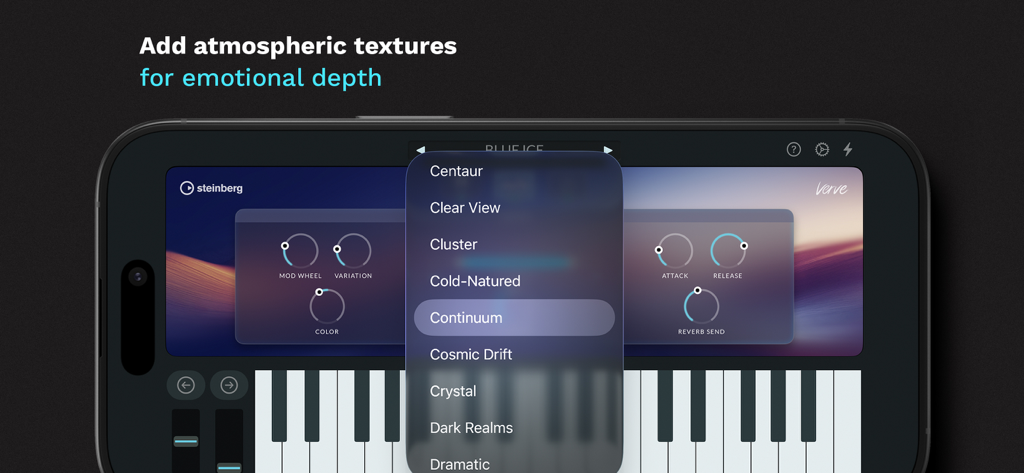 Verve - Felt Piano App & AUv3 - Interface de l'application Verve montrant la sélection de textures atmosphériques pour le piano feutré