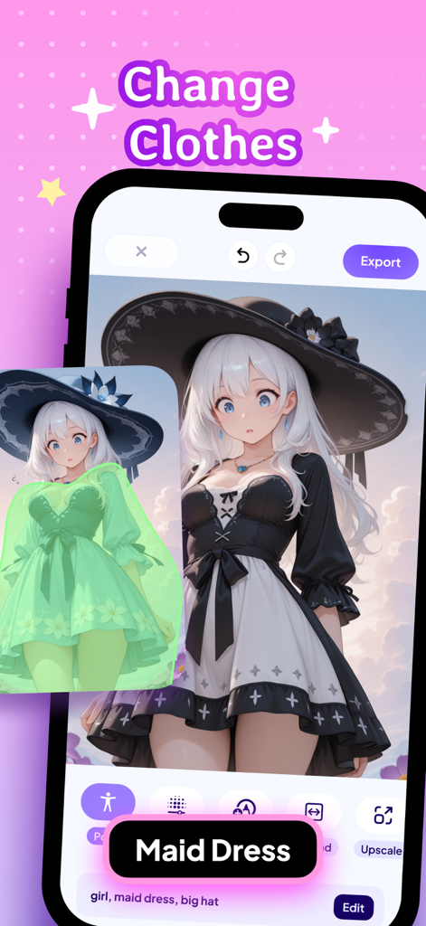 A mobile app interface of an anime AI generator showing an outfit changer feature where a green dress is replaced by a black and white maid dress on an anime girl character.