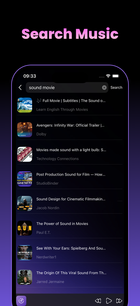 Una interfaz de aplicación móvil que muestra los resultados de búsqueda de 'sound movie' en la pantalla de búsqueda de Offline Music Player.