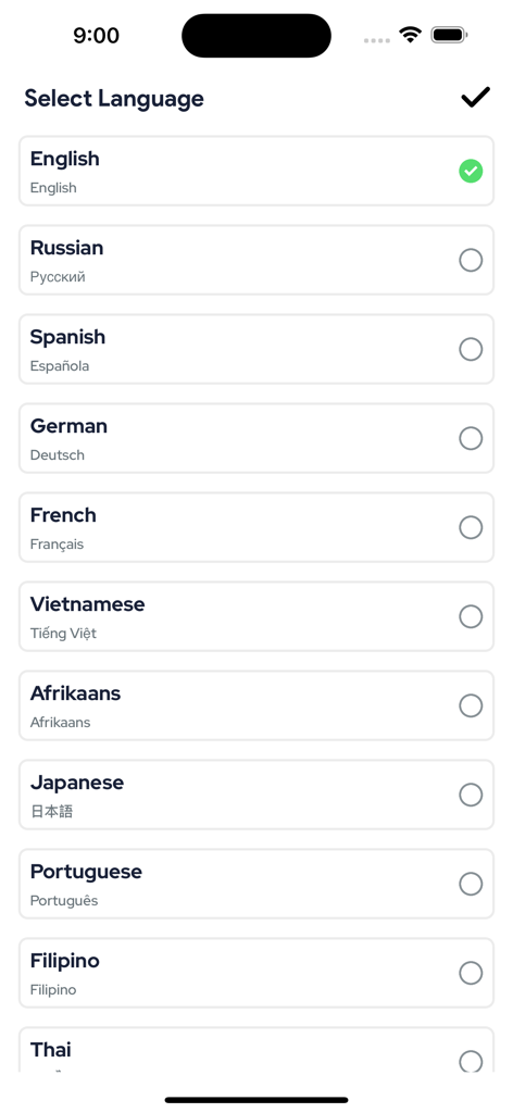 Text Repeater: Repeat Text 10K - Tela de seleção de idioma no aplicativo Text Repeater mostrando Inglês selecionado e uma lista de opções internacionais.