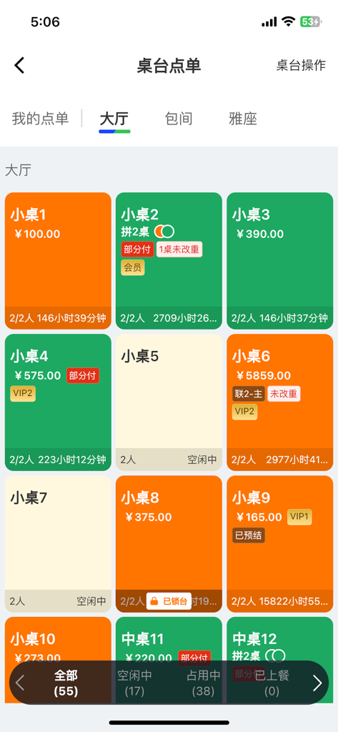 Mobile POS interface of Keruyun Diancanbao showing a restaurant table layout with occupancy status and order amounts