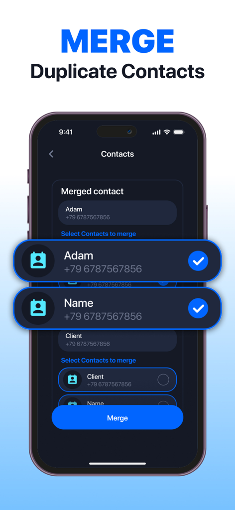 Interfaz de la aplicación Magic Cleaner mostrando cómo fusionar contactos duplicados.