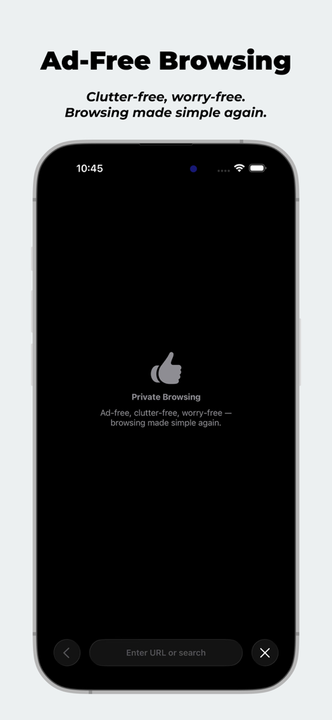 Private Browserアプリ画面。モバイルデバイス上で広告なし、 clutter-freeなブラウジング機能が表示されています。