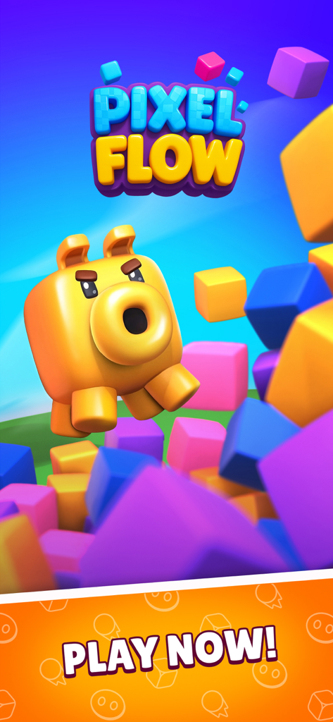 Tela de título do jogo Pixel Flow com personagem de porco amarelo e blocos coloridos