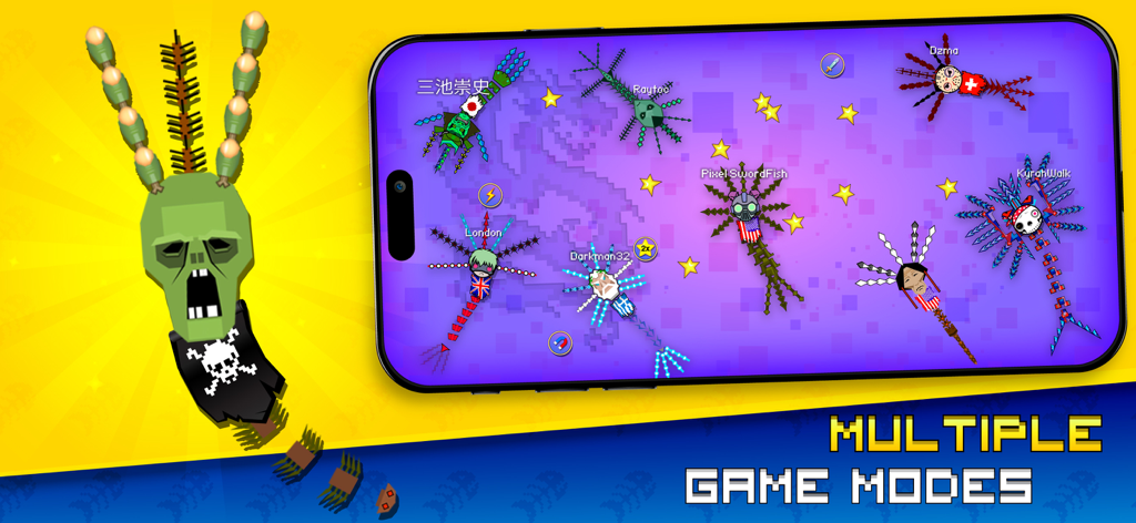 Gameplay of Pixel Sword Fish io featuring multiple players and custom skins in a battle arena