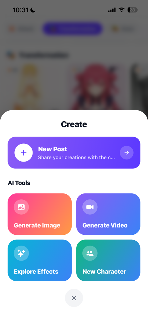 Komiko: AI Anime Generator - Interface of Komiko app showing options to generate anime images, videos, and characters