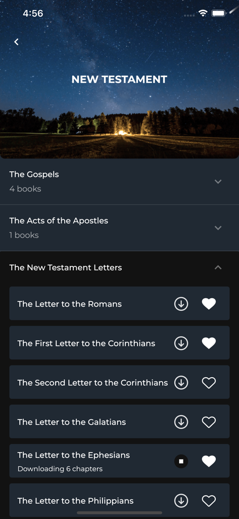 A list of New Testament letters in the AudioBible app showing options to download and favorite chapters.