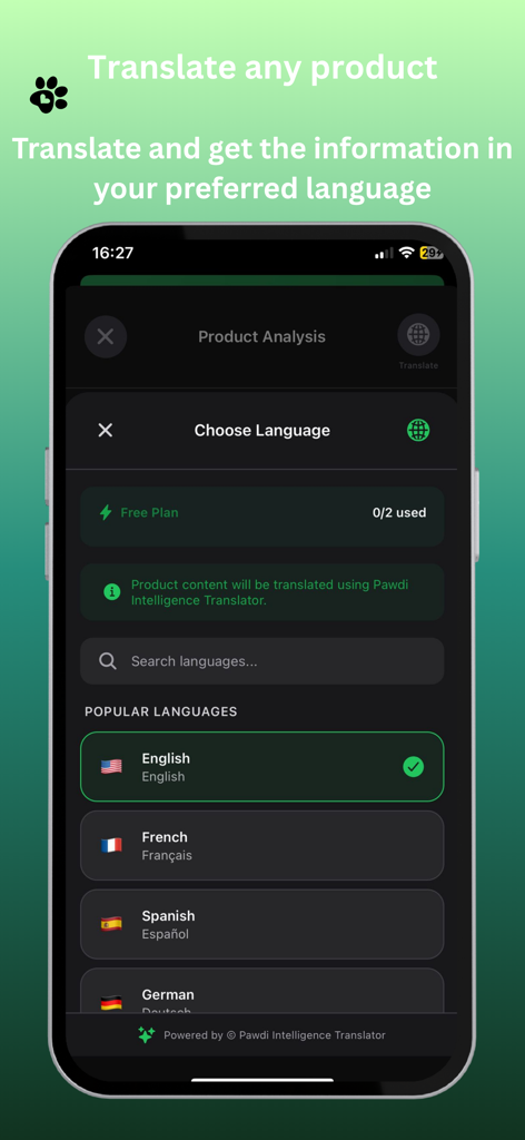 Pawdi - Pet Food Scanner - Tela do aplicativo Pawdi para traduzir ingredientes de ração para animais de estimação e informações nutricionais em vários idiomas