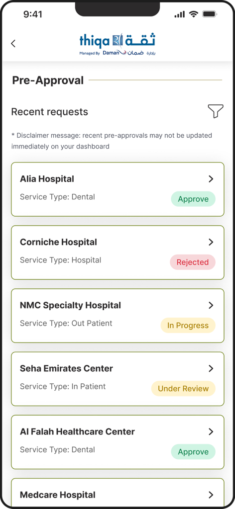 Mobile app screen displaying a list of medical pre-approval requests with statuses like approved rejected and in progress