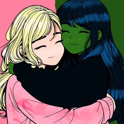 realistic two girls hugging