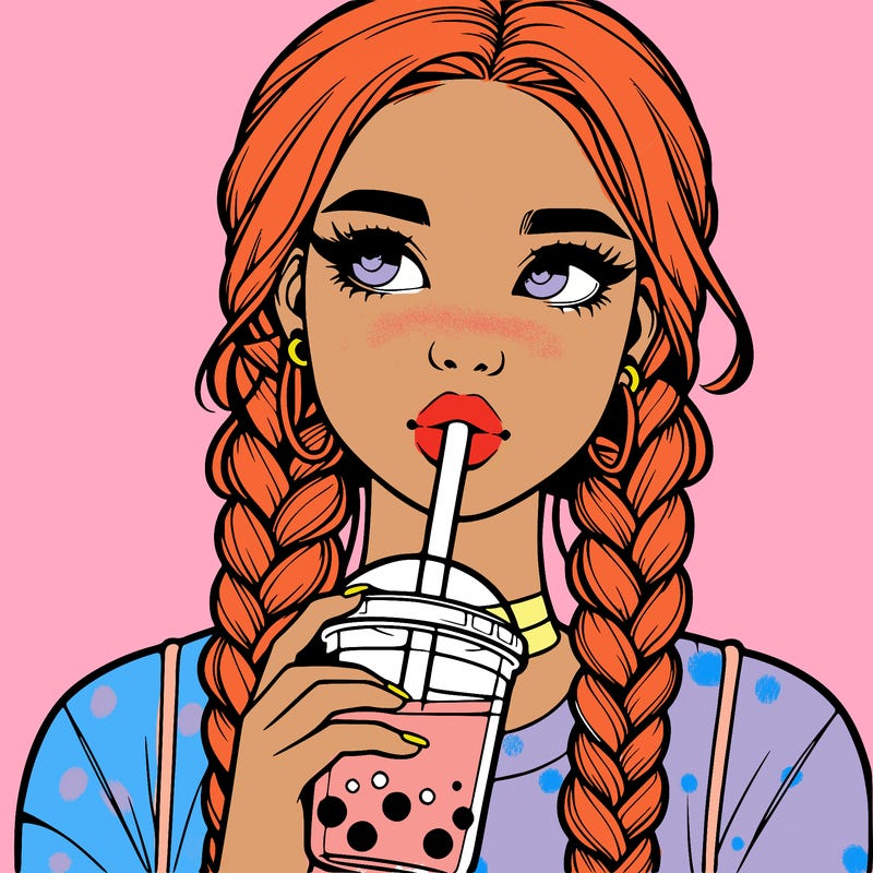 realistic girl with braided hair drinking boba