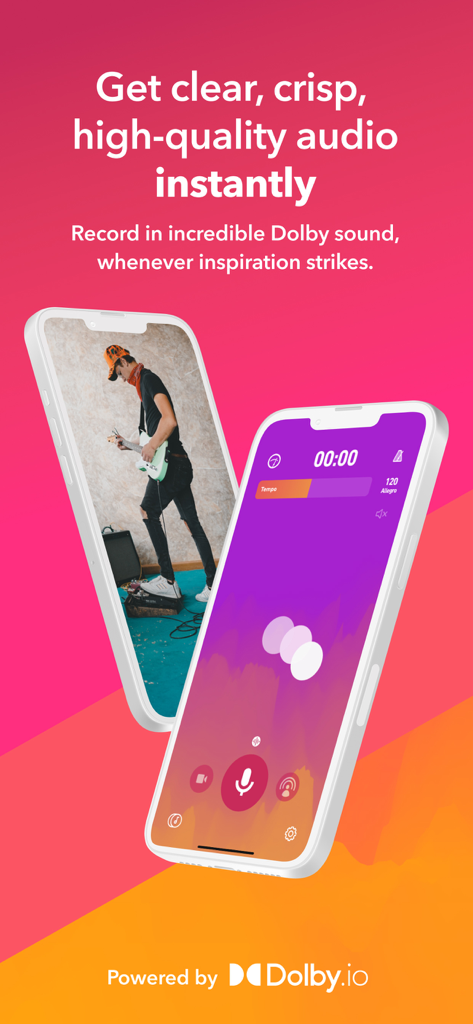 Dolby On mobile app interface for recording high quality audio and video