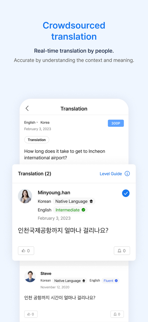 Interfaz de la aplicación Flitto mostrando resultados de traducción colaborativa de hablantes nativos para un mejor contexto y precisión