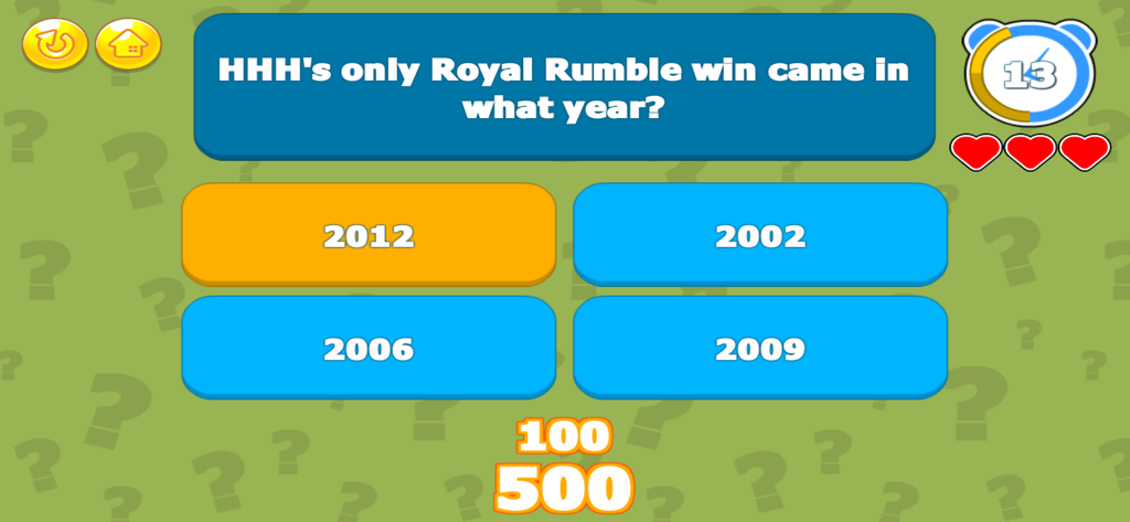 Wrestling Trivia­ - A wrestling trivia game screen asking a question about Triple H's Royal Rumble win with multiple choice options.