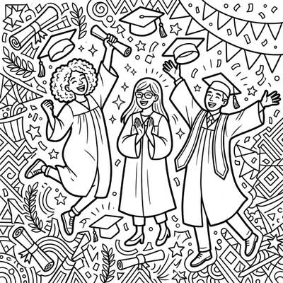 This dynamic coloring page captures the joy of graduation with diverse teens celebrating their big milestone. Perfect for young artists, it features festive caps, gowns, diplomas, and confetti ready for your creative touch.