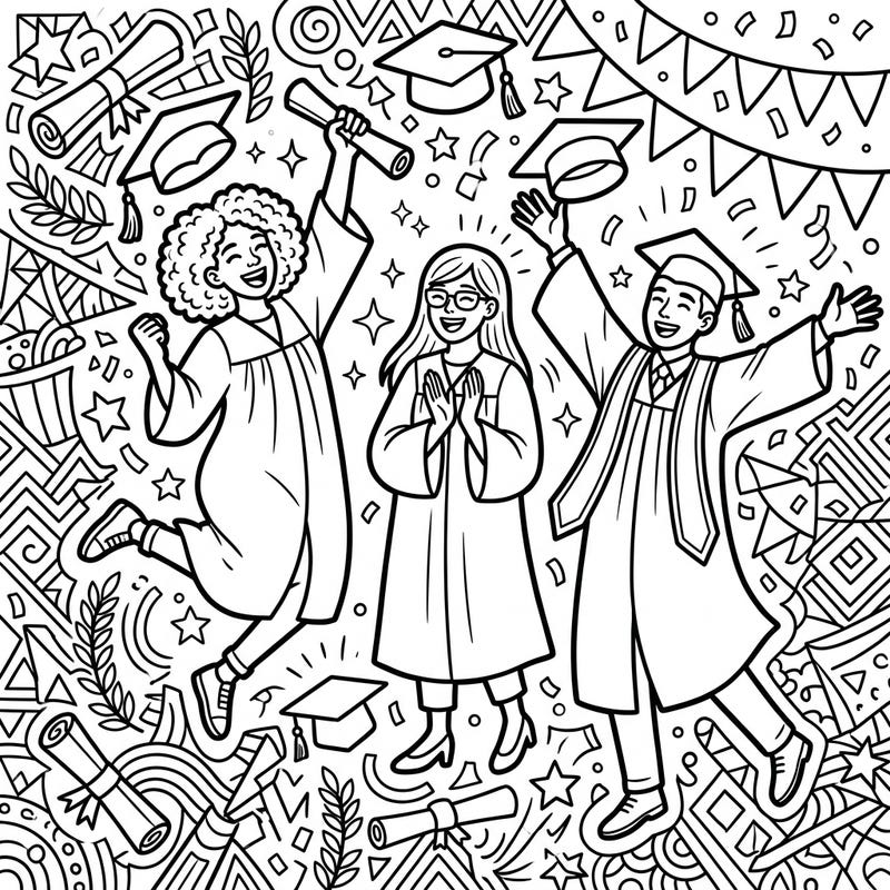 This dynamic coloring page captures the joy of graduation with diverse teens celebrating their big milestone. Perfect for young artists, it features festive caps, gowns, diplomas, and confetti ready for your creative touch.
