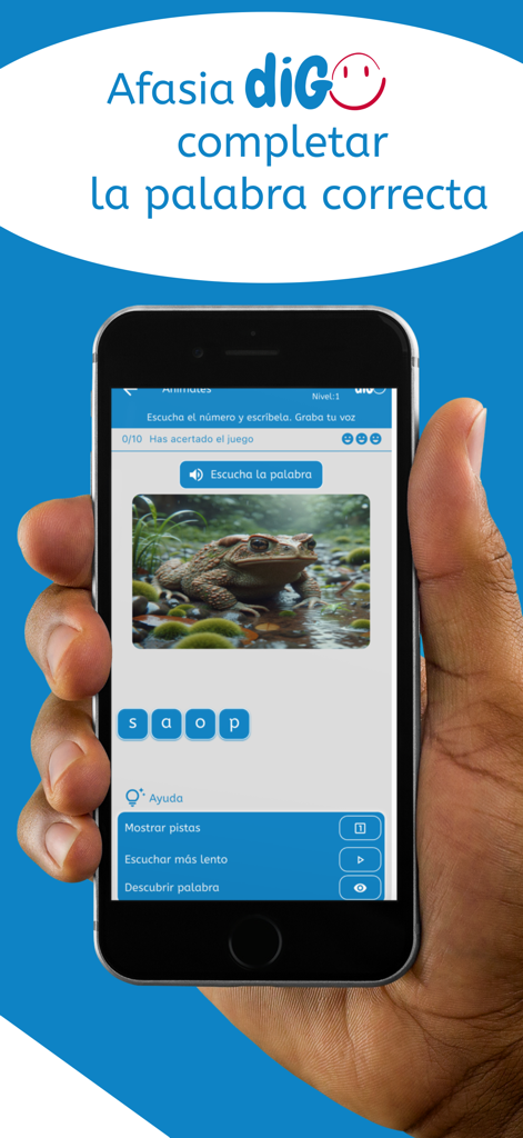 AFASIA diGO - La app de logopedia AFASIA diGO mostrando un ejercicio de completado de palabras con la imagen de un sapo.