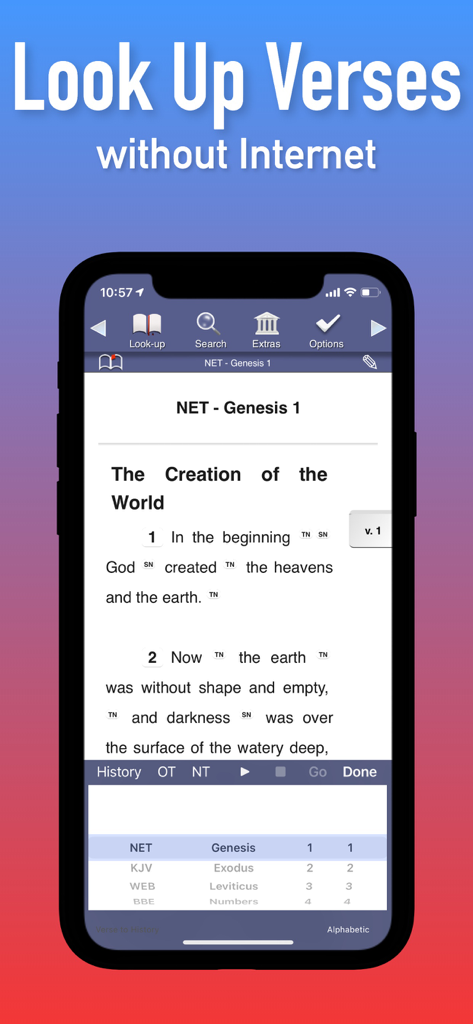 Touch Bible: Read, Study & Go - Interfaz de la aplicación Touch Bible que muestra el primer capítulo del Génesis y el selector Dial-a-Verse para estudio sin conexión.