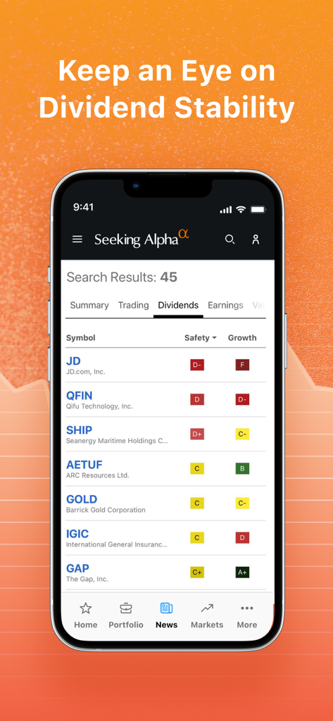 L'interface de l'application Seeking Alpha affiche les notes de sécurité et de croissance des dividendes pour diverses actions.