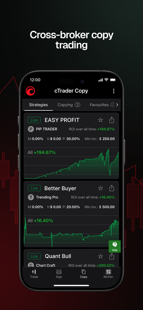 cTrader mobile app showing a list of copy trading strategies with performance charts and ROI statistics
