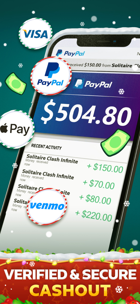 Solitaire Infinite: Win Cash - Solitaire Infinite App-Bildschirm zeigt verifizierte und sichere Auszahlungsoptionen mit einem PayPal-Guthaben und Transaktionsverlauf.