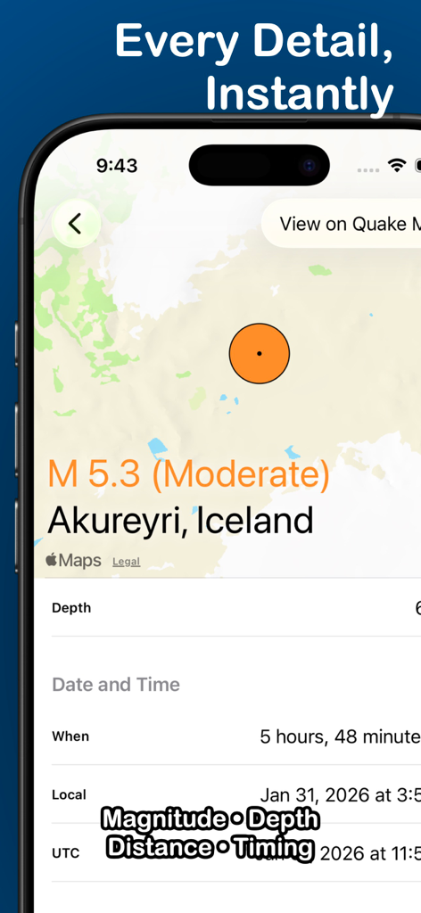 QuakeInfo: Seismic Monitoring - Interfaccia dell'app di monitoraggio sismico che mostra magnitudo, posizione e dettagli della mappa del terremoto.